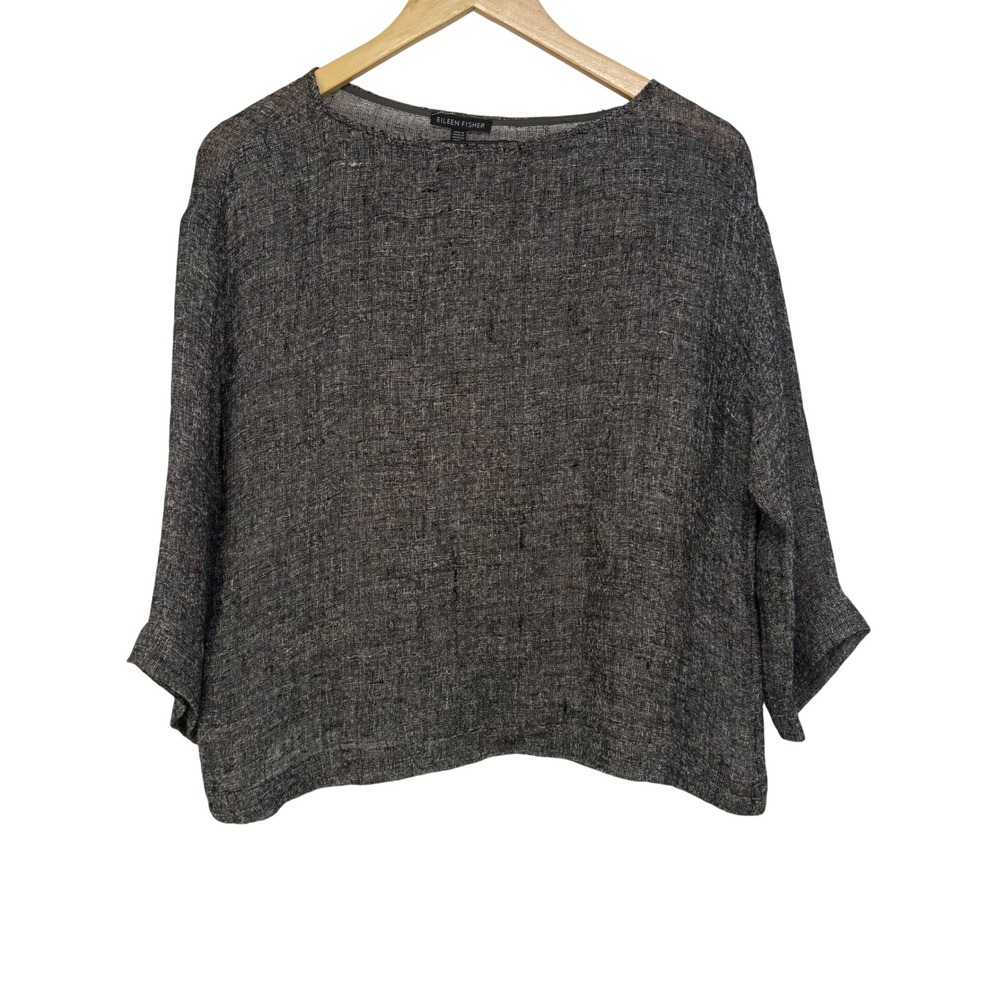 Eileen Fisher Organic Linen Blend Boxy Top S Lagenlook Black Slub Boat Neck